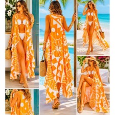 Aloha Royale Orange Tropical Floral Print Maxi Kimono Cover Up Beach Duster