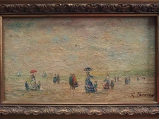 Scène Plage HONFLEUR Huile sur bois fin XIXème genre BOUDIN signé Encadré