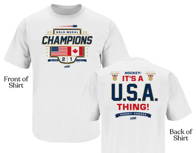 USA OLYMPICS HOCKEY INSPIRED  GOLD MEDAL WINNERS INSPIRED 2-SIDE WHITE SS SHIRT