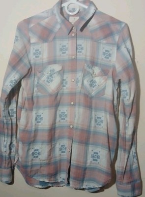 American Eagle Vintage Boyfriend Pearl Snap Button Plaid Aztec Shirt MED Womans