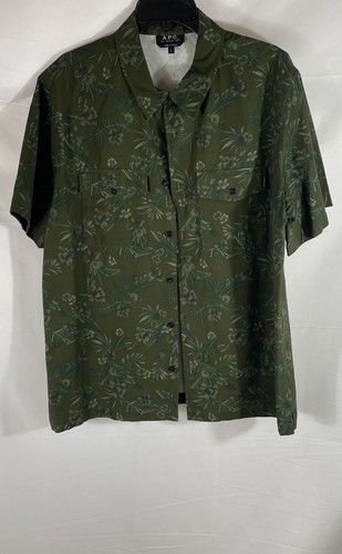 A.P.C. Men's Green Tropical Floral Print Short Sleeve Button Up Shirt Sz L