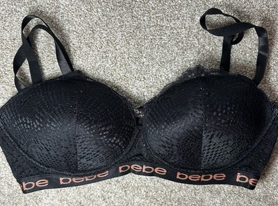 Bebe Black Lace Push-up Bra Rose Gold Logo Band 38D
