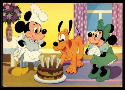 Pluto hat Geburtstag, Minnie, Micky, Torte mit Knochen, Ansichtskarte 