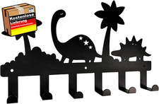 Kinderzimmer Garderobe mit 6 Haken Edelstahl Wandgarderobe Dino-Design schwarz