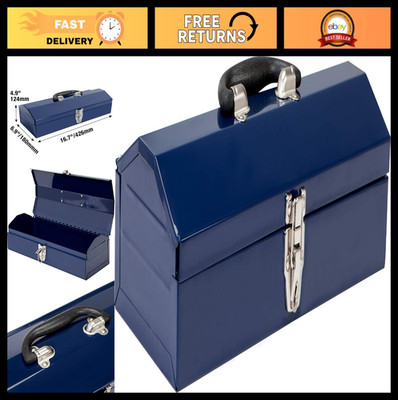 16'' Portable Steel Tool Box, Hip Roof Design, Metal Latch Closure, Blue Storage