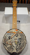 Vtg 4 string Banjo Ukuleie hand painted Island scene Girls musical instrument