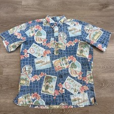 Vintage Reyn Spooner Pullover Shirt Sz L Blue Hula Girl Hawaiian Aloha Postcard