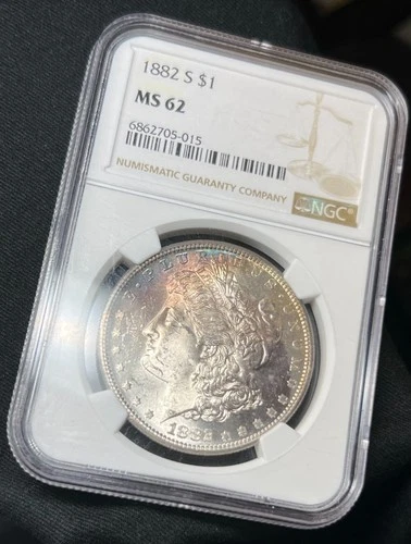 1882 S NGC MS62 Morgan Silver Dollar Blue/Purple Rim Toning SEE VIDEO!