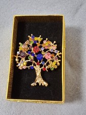 Schmuck Brosche Emaille Strass Lebensbaum Glück Anstecknadel Faberge Stil Metall