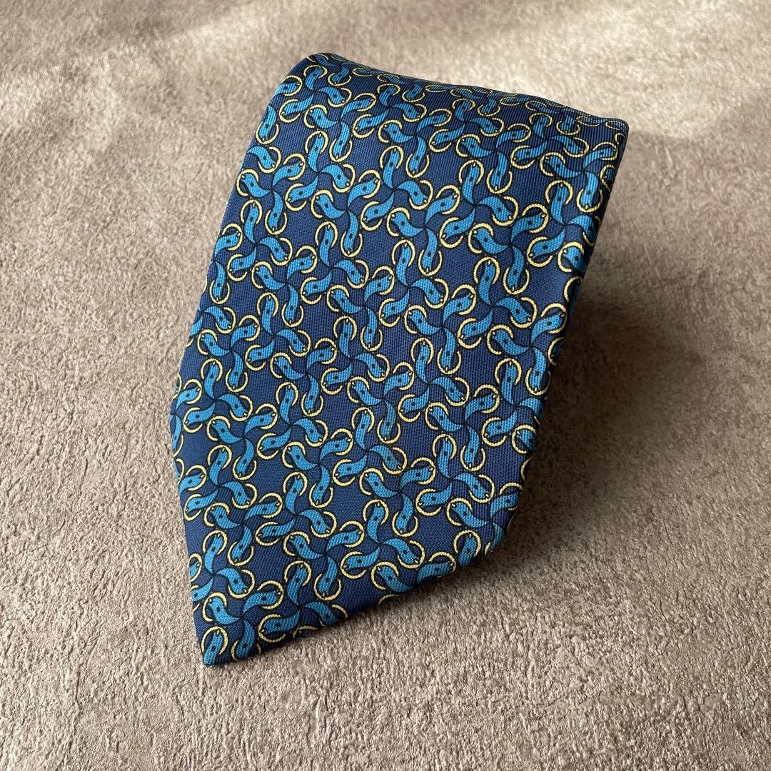 HERMES Necktie Tie Navy All over belt pattern 100% Silk Authentic Made in France