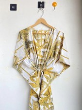 Indian Cotton Yellow Floral Print Kaftan Dress Women's Clothing Kaftan Dress US