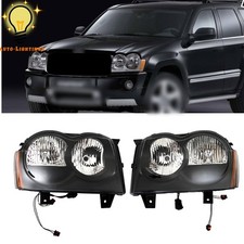 Headlights Halogen Black For 2005 2006 2007 Jeep Grand Cherokee Lhrh Headlamps
