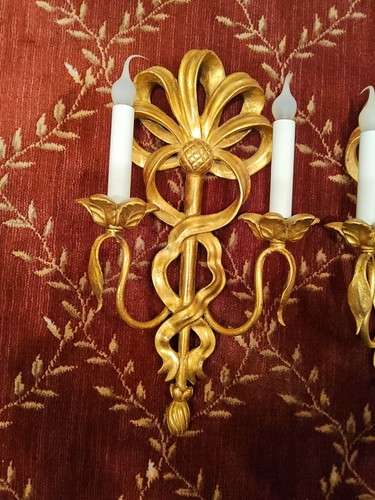 Hand Carved Gold Leaf Electric Pair Of Wall Sconces Made In Italy - Picture 11 of 11