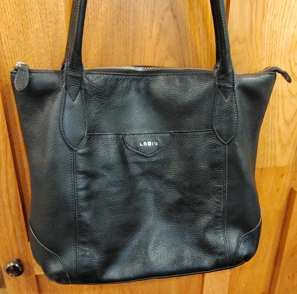 Lodis Sierra 黑色鹅卵石皮革 15 英寸托特包单肩包钱包大号 B53 — 第 3/4 张图片