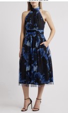 New Eliza J Black Dress with Blue Floral Halter Midi size 6