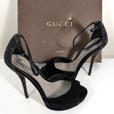 GUCCI Sofia Black Suede Crystal Embellished Heels Ankle Strap Platform Size 37