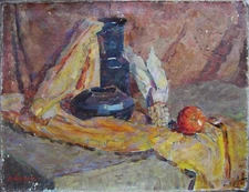 Ukrainian Soviet USSR Oil Painting impressionism Still Life rustic corn tomato