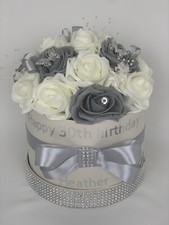  Artificial Flower Hat Box Grey Ivory Arrangement birthday gift Mothers day 