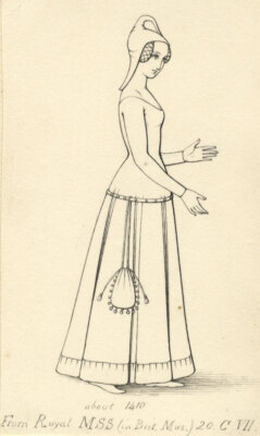 Mittelalterliche Dame um 1410 aus einer königlichen Handschrift Feder & Tusche Zeichnung um 1830 H. Hussey