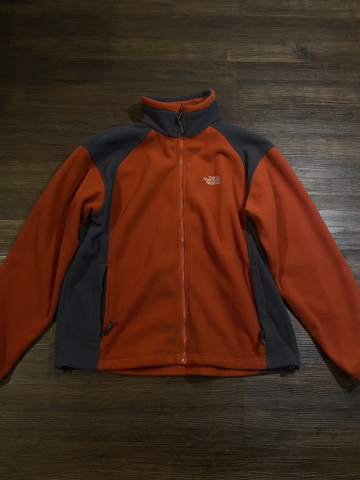 The North Face Mens Large Full Zip Fleece Jacket in Orange & Grey for Outdoor Adventures