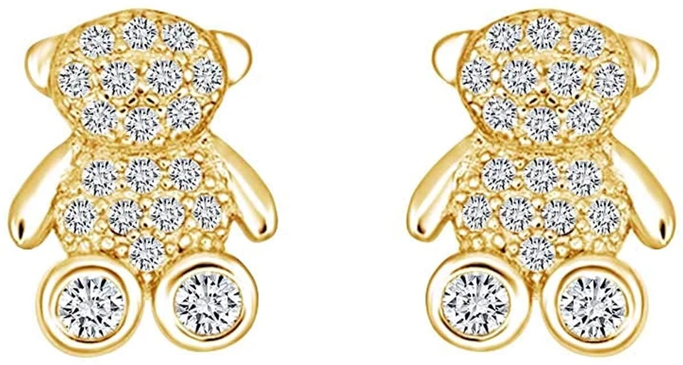 Aretes de oso de diamantes simulados con empuje hacia atrás de plata de ley 925 maciza Foto 3 de 3