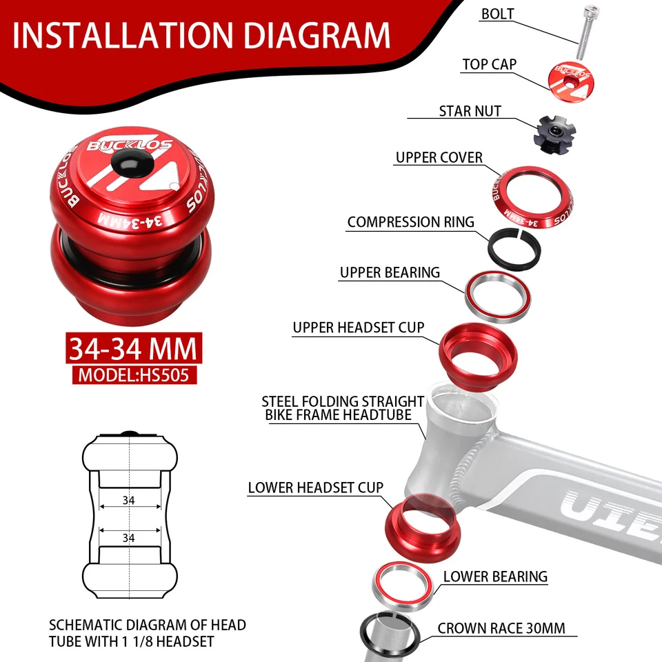 34mm 1-1/8" Threadless MTB Road Bike Bicycle Sealed External Bearing Headset Set - Image 2 of 4