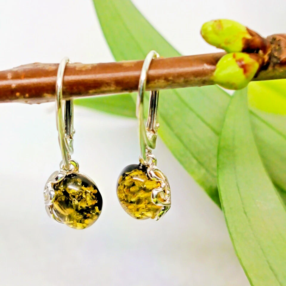 Ohrringe mit baltischem, grünem Bernstein, 925 Silber, handgefertigt & massiv - Bild 3 von 4