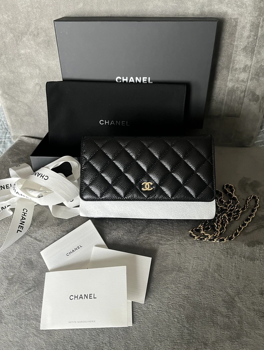 New In Box Microchip Black Chanel Caviar Wallet On Chain WOC Gold