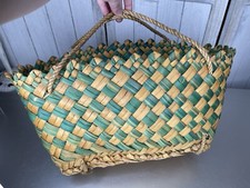 VTG Woven Straw Bag Large Tote Green Tan Brown Top Handle Carry All