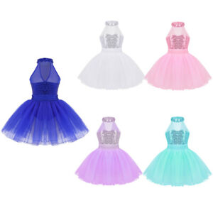 Girl-Kid-Ballet-Mesh-Tutu-Dance-Dress-Ballerina-Leotard-Sequins-Halter-Dancewear