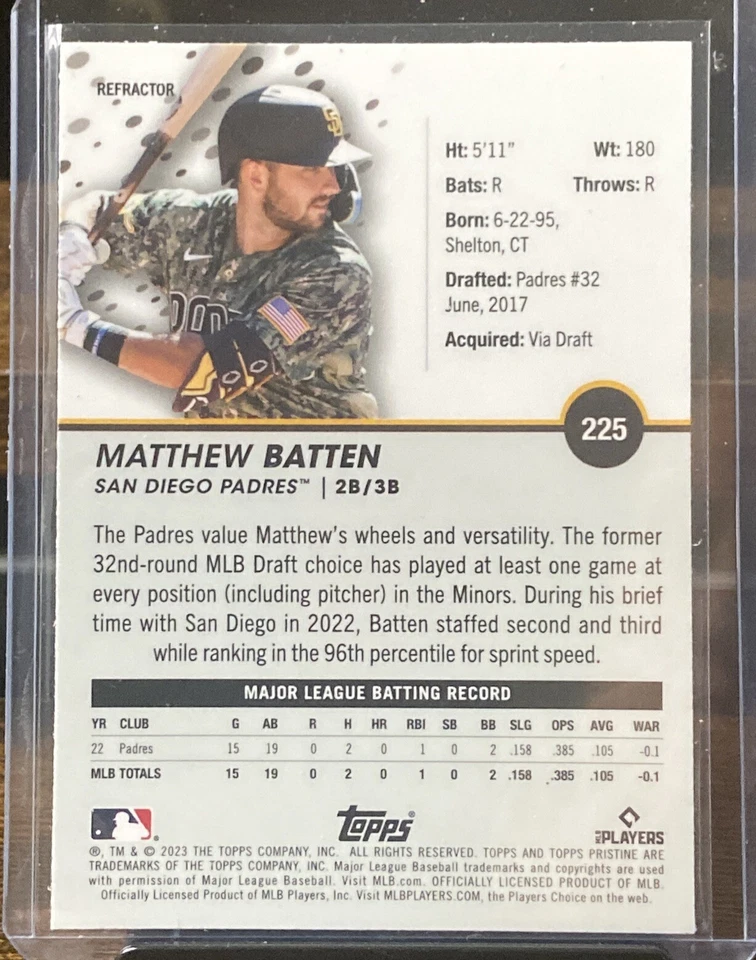 2023 Topps Pristine Matthew Batten Pristine Refractor Rookie RC #225 Padres - Image 3 of 3