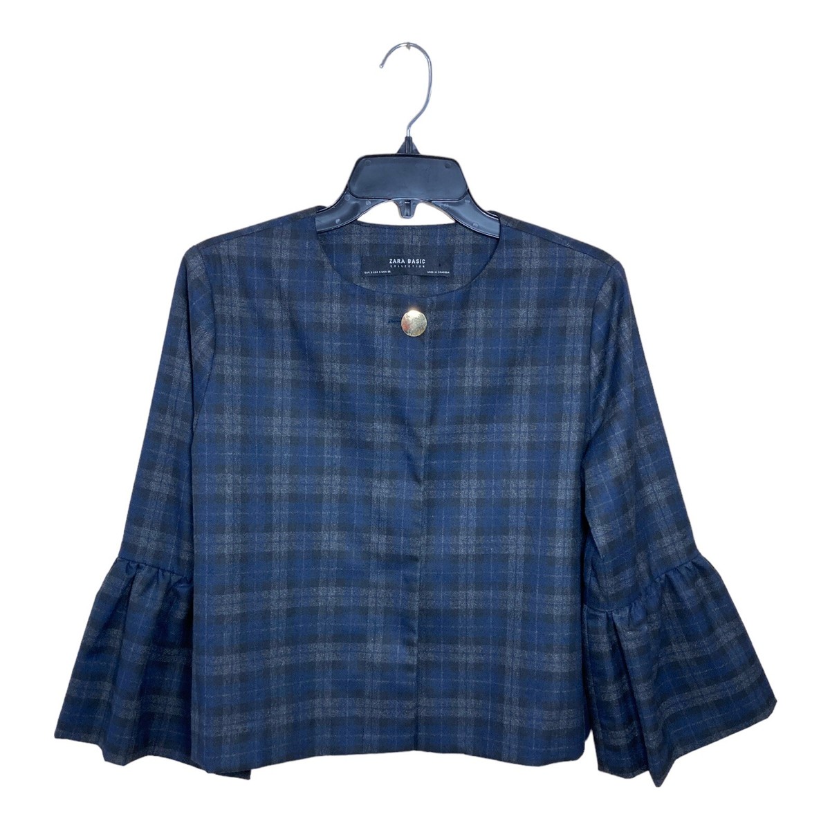 Zara Basic Navy Black Tartan Bell Sleeve Cape Jacket, Size Small