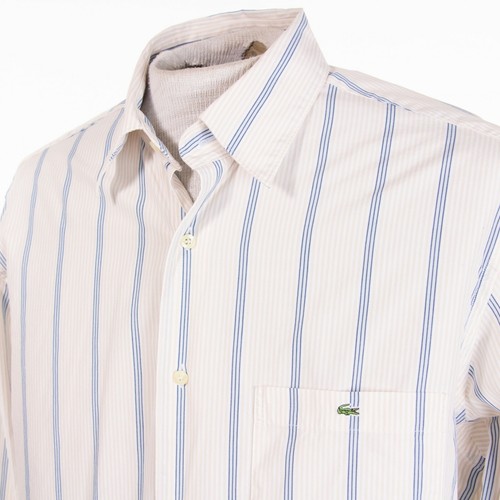 Camicia Lacoste uomo 42 grande beige bianca blu logo a righe LS bottoni davanti - Foto 4 di 11