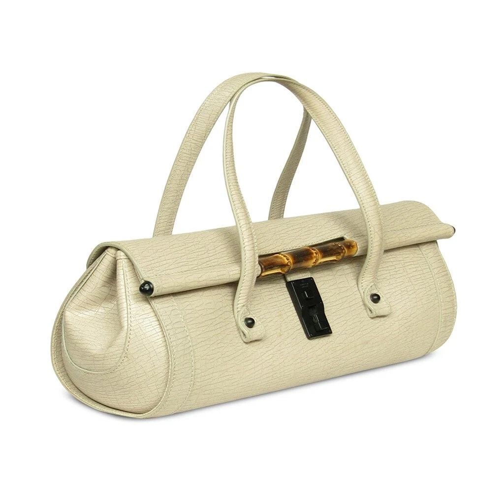 Sac Gucci estampillé peau de cochon cuir balle bambou poignée supérieure écru beige vintage g