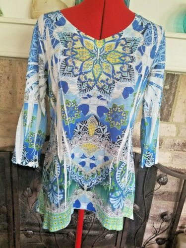 Style Co Blue/White/Yellow/Green Floral Mandala Sheer Tunic India Rhinestones L