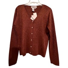 NWT Joseph A Silk Metallic Sweater Shimmering Brown Button Up Cardigan Size L