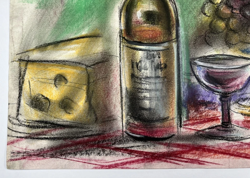 De colección Dibujo Queso Vino y Uvas Bodegón Freda Freiter 13x17” Bellas Artes Pastel Foto 2 de 4