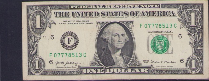 2017 US $1 Dollar Bill Banknote Fancy Serial Number F 07778513 C Lucky 7