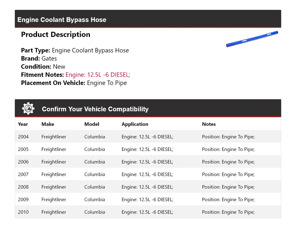 Puertas de manguera de derivación de refrigerante de motor Freightliner Columbia 2004-2010 2005 2006 Foto 2 de 4