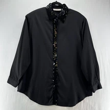 Venezia Long Sleeve Shirt Womens 14/16 Button Up Sequined Placket & Collar Black