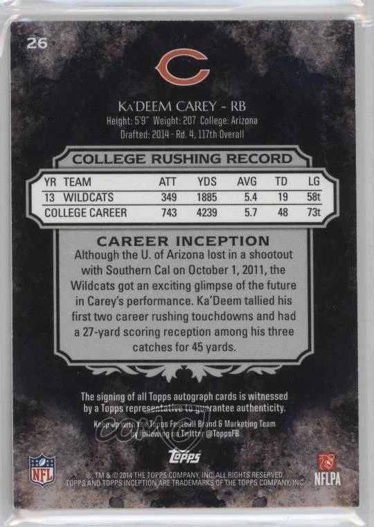 2014 Topps Inception Rookie Auto Green /99 Ka'Deem Carey #26 Auto RC - Image 2 of 2