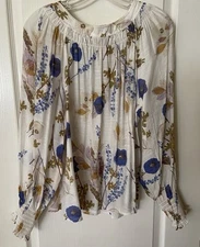 ANA ~A New Approach~ Blue Gold White Floral Long Sleeve Shirt Size MED EUC