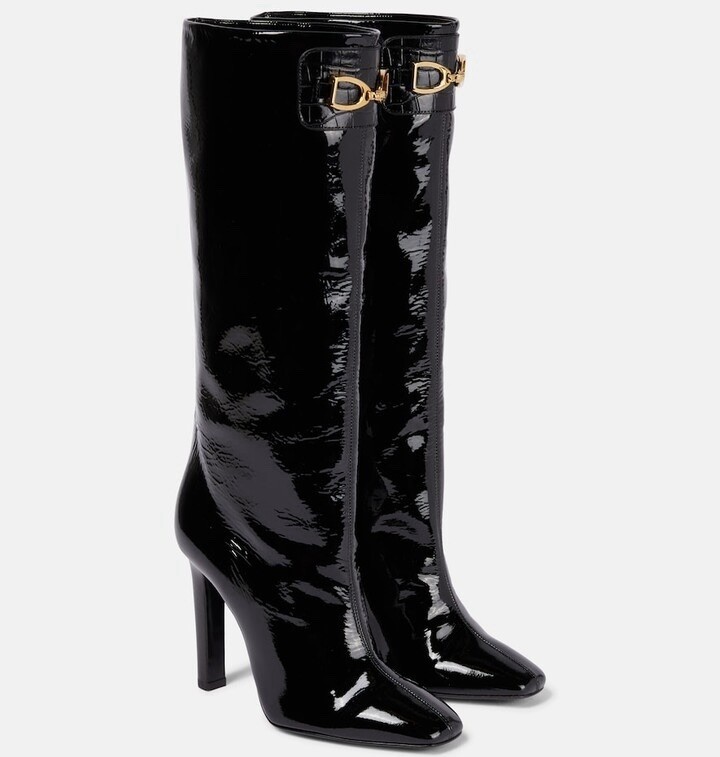 Stivali al ginocchio SAINT LAURENT 'Jane 105' in pelle verniciata con catena neri 40 10 US $1595+