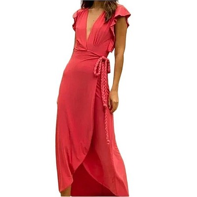 Misa Los Angeles Pink Maxi Wrap Dress Size XS Coral Short Sleeve Party Wedding