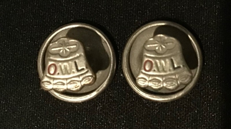 OWLS! VTG pair of Older Women's League pewter men's shirt studs, bell shaped