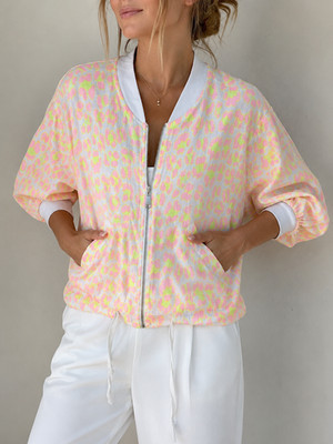Damen oversize Kurzjacke Bolero  Leinen Viskose Leo Print WEIß ROSA S -XL