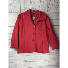 Chicos Red Button Front Jacket Ruffle Collar 3/4 Sleeve Floral Lining Size 1 M