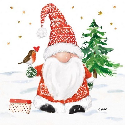20 Servietten Christmas Buddy Winterzwerg Schnee Christbaum Vogel Tiere 33x33cm
