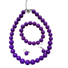 Women's Beaded Jewelry 3 - Piece Set - Colorful Round Bead Necklace, Purple