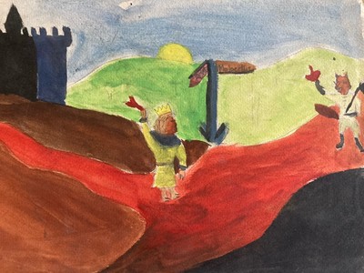 Peinture Papier Gouache Château Roi Alberto Dessin Art Brut À Identifier 1950